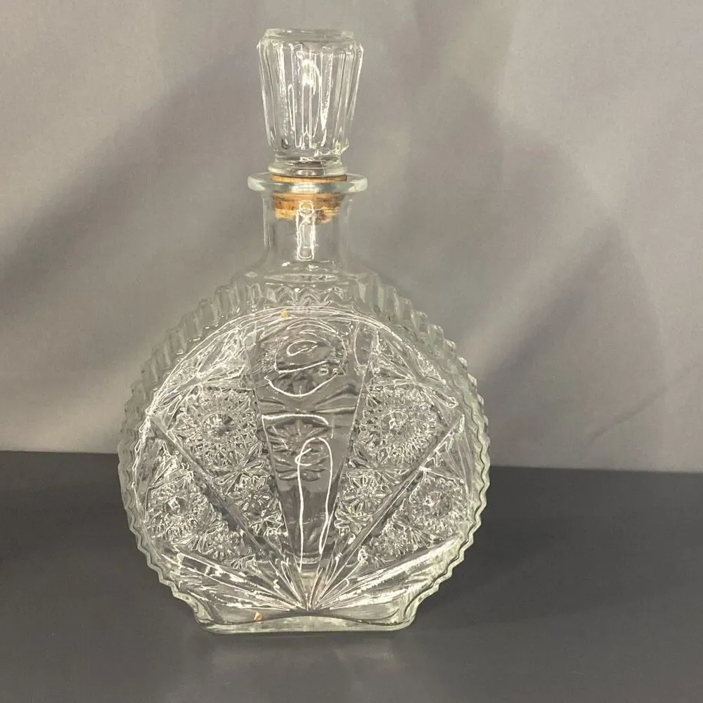 Pressed Cut Glass Liquor Whiskey Decanter Sun & Starburst Pattern 9.5” W/ Topper